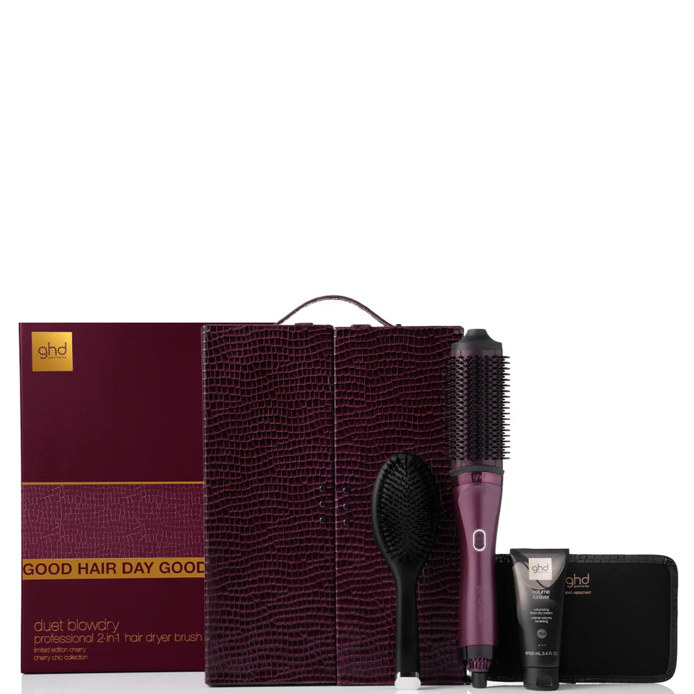 ghd Duet Blowdry in Cherry with Volume Forever and dressing brush